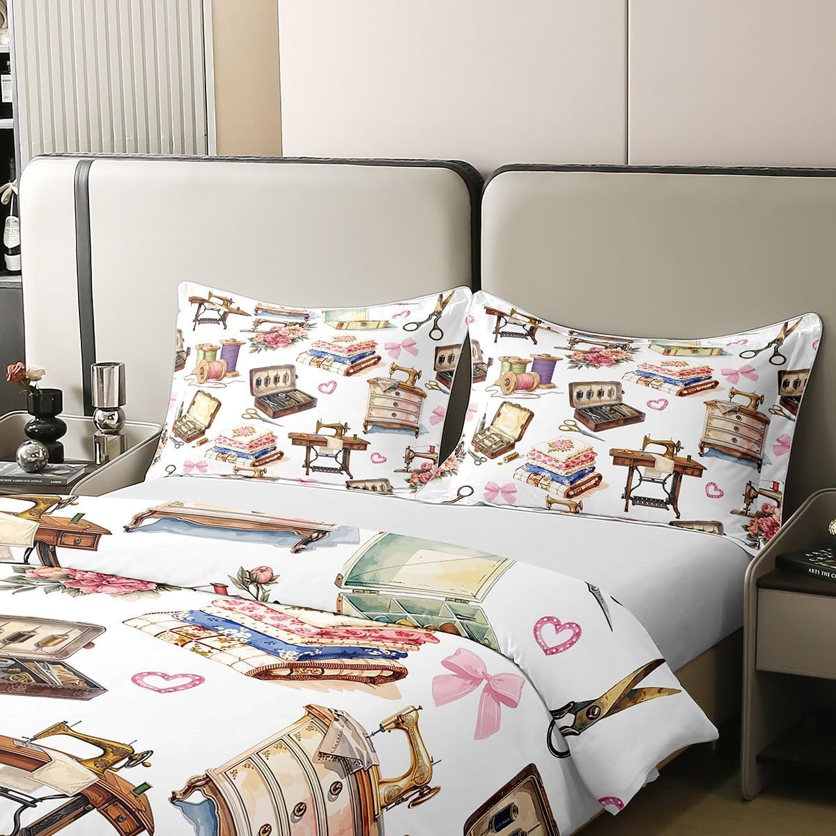 Manfei Vintage Sewing Station Bedding Set 100% Cotton,Retro Craft Supply Adults Comforter Cover King Size Sewing Theme 3 Pcs Decorative Bed Cover for Kids Boys Girls,(No Comforter),White Brown image 3