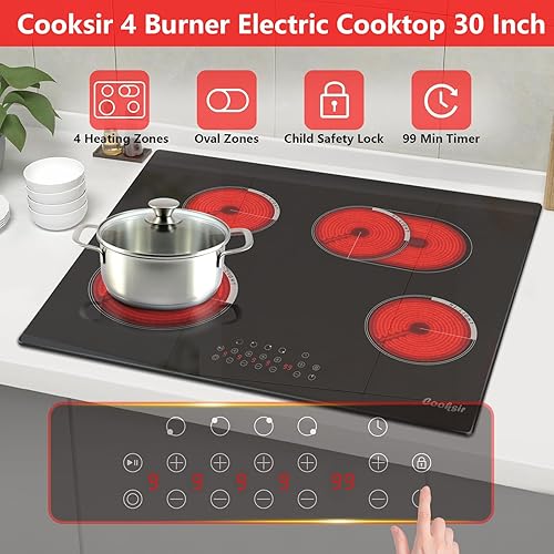 Miniatura 5 de Estufa eléctrica de 30 pulgadas, 4 quemadores, estufa eléctrica integrada de 30 pulgadas, 6600 W, estufa de cerámica radiante con zona ovalada, zona