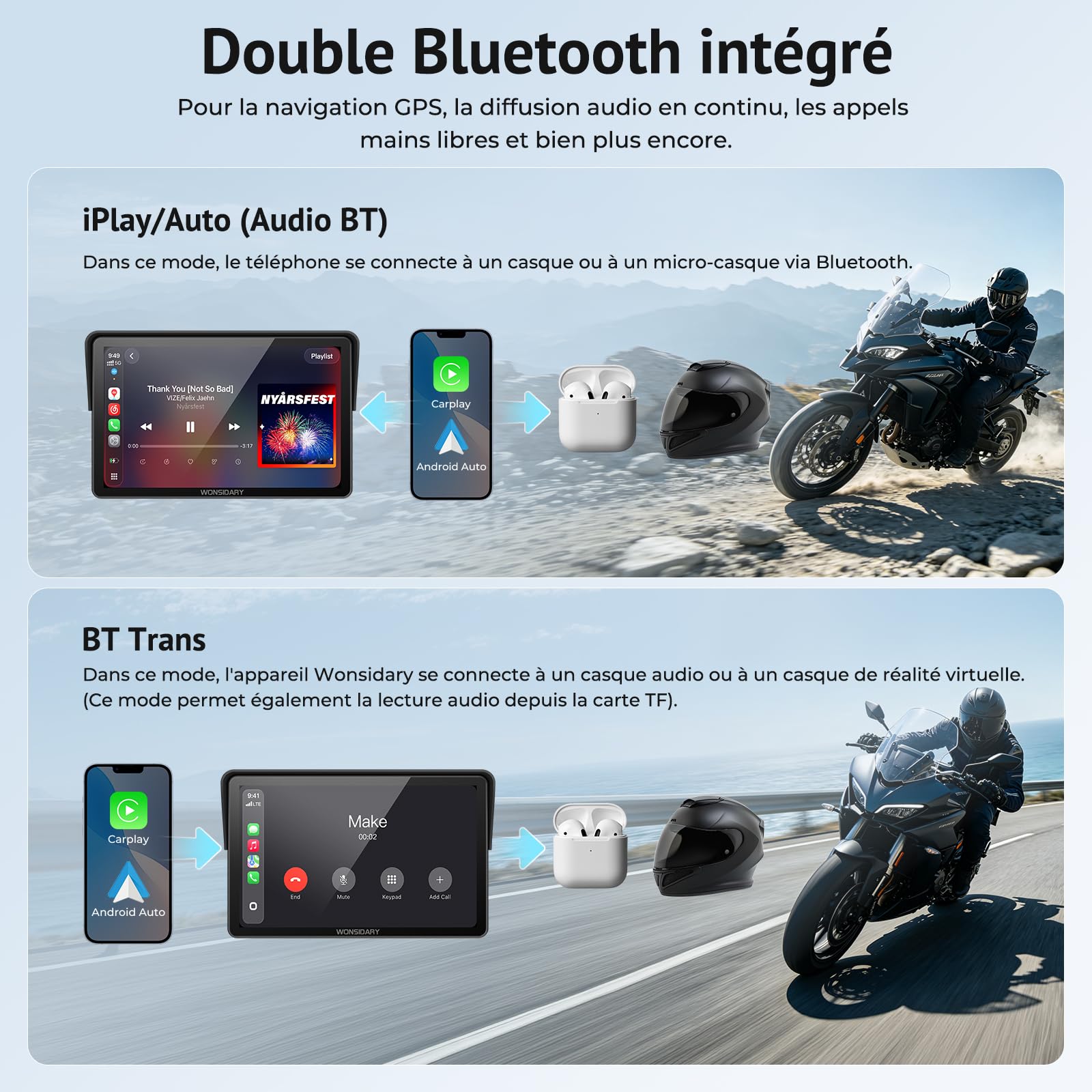 Écran Moto CarPlay 7",CarPlay et Android Auto sans Fil avec TPMS