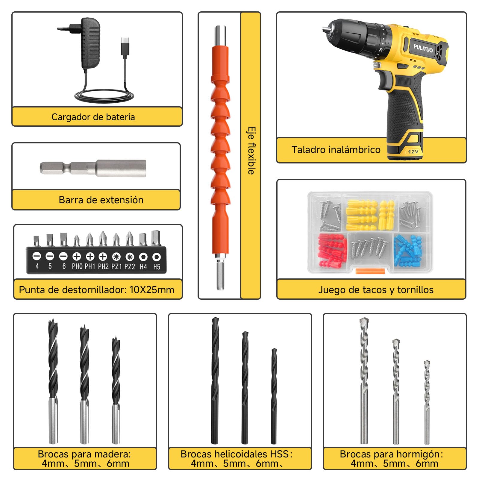PULITUO Taladro Atornillador Batería 12V, Destornillador Eléctrico 35 N·m, 21+1+1 Niveles De Par, Batería De 1300 mAh, LED, Regulación De 2 Velocidades, Para Bricolaje Y Proyectos DIY (Amarillo)
