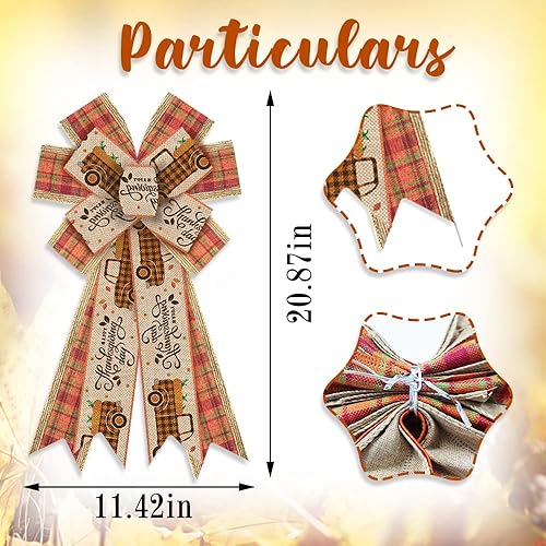 Miniatura 2 de Lazos grandes de otoño para corona, lazos de corona de cosecha de camión de Acción de Gracias, lazos de lana cuadriculada naranja para puerta