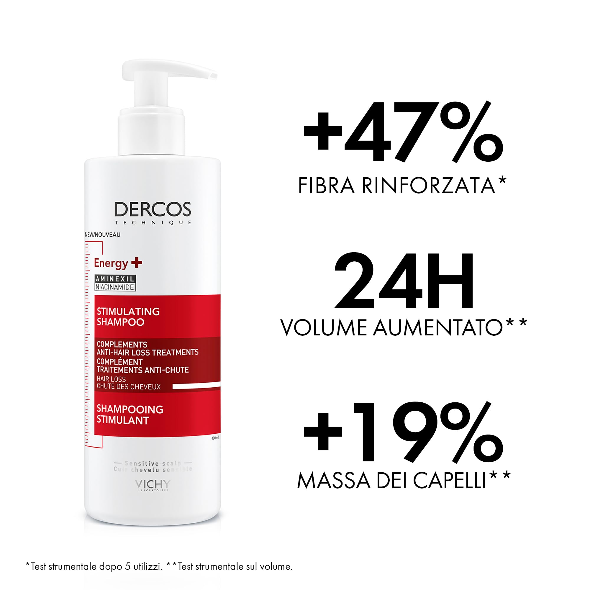 Vichy Dercos, Shampoo Energizzante, Per Tutti i Tipi di Capelli, Azione Anti-Caduta, Capelli Sani e Forti, Arricchito con Aminexil e Niacinamide