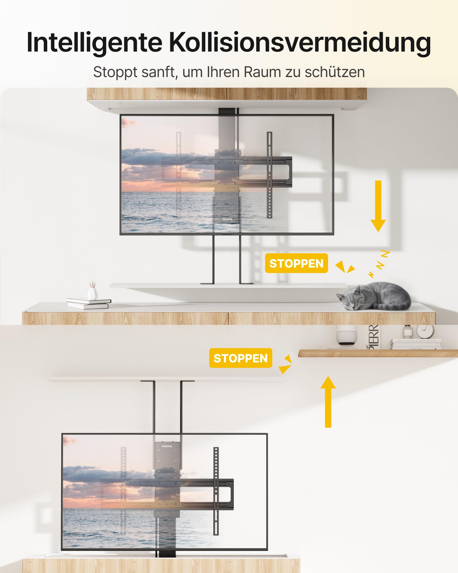 monTEK Elektrisch TV Lift zum Einbau für 37-65 Zoll bis 60kg, VESA 600x400 | mit Funkfernbedienung, Tuya-App+Voice Control, Motorisierter TV Lift mit Kollisionssensor, 90cm Hub, Decken-/Bodenmontage