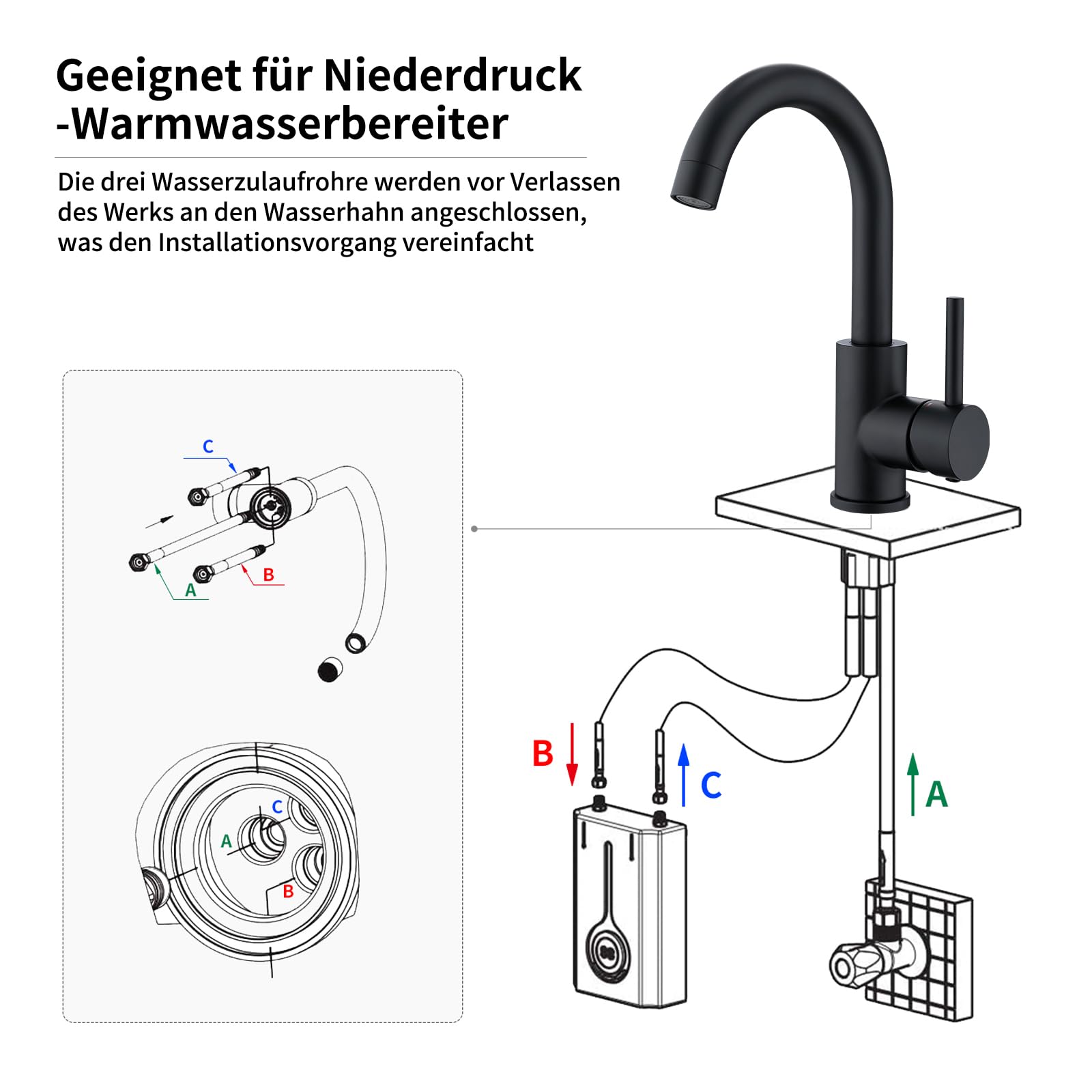 HOMELODY Niederdruck Armatur Bad/Küche Schwarz Waschtischarmatur 360° Drehbar Wasserhahn Bad Armatur Waschbecken Mischbatterie Einhebelmischer Waschbeckenarmatur