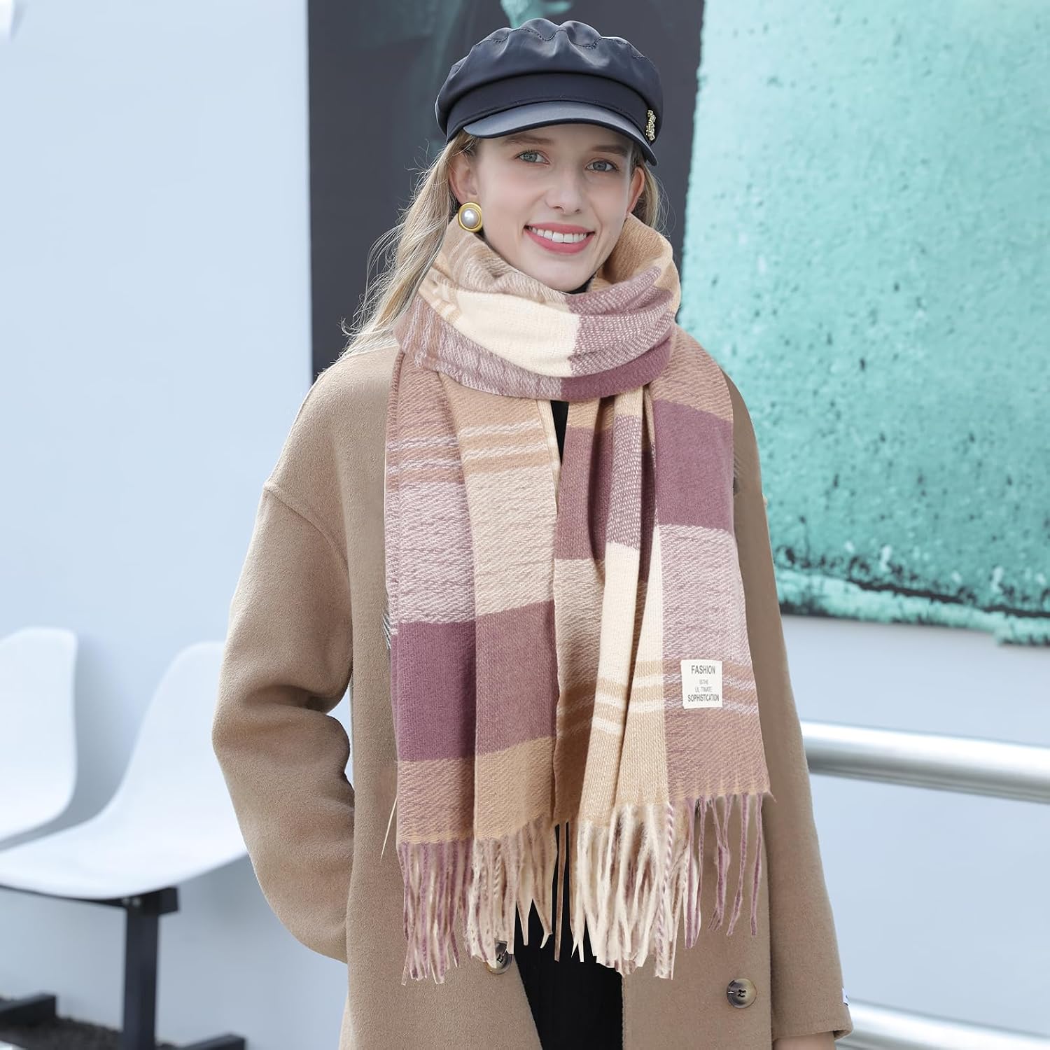 Women's Winter Scarf Large Warm Shawl Wraps Plaid Oversized Thick Scarves