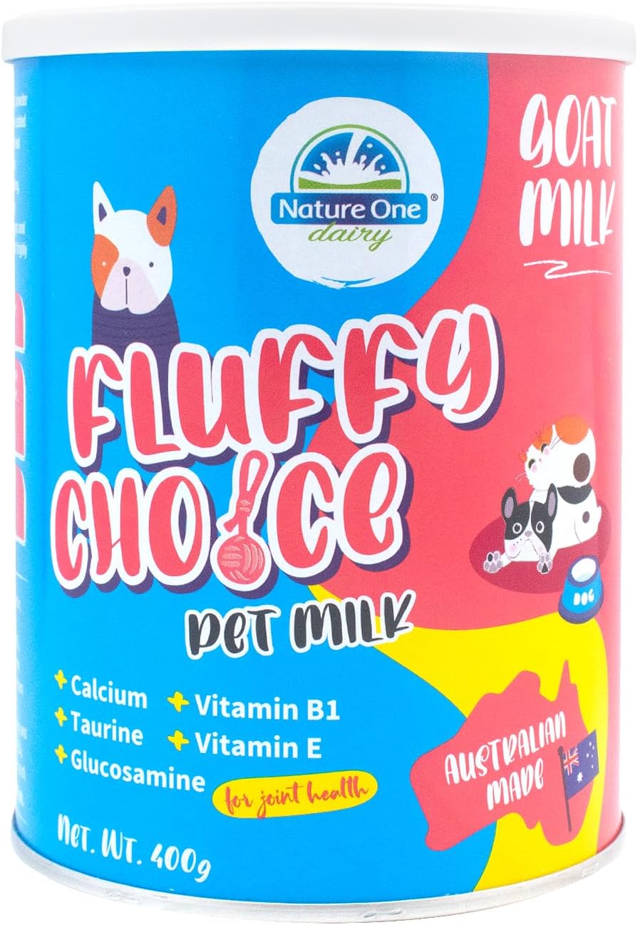 Nature One Dairy Fluffy Choice Goat Milk Powder for Dogs & Cats - Pet Milk Supplement with Calcium, Taurine, Vitamin E & B1 and DHA - Supports Bone, Heart & Overall Health - No Added Sugar - 400g