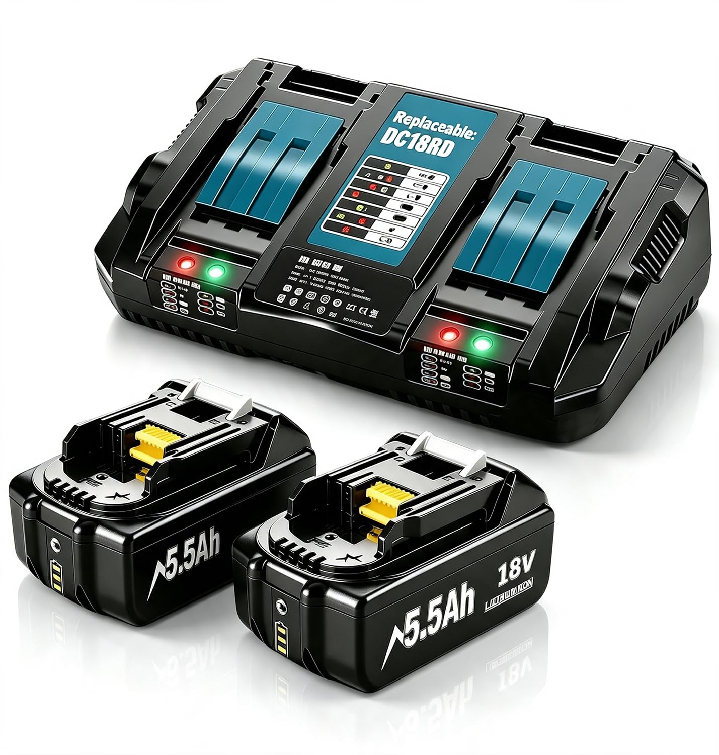 Lot de 2 batteries de rechange 5,5 Ah pour batterie Makita 18 V + chargeur double port 6 A DC18RD