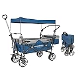 WONDERFOLD S4 Push & Pull Folding Utility Cart with Brakes, Removable Canopy, Telescopic Pull Handle & Adjustable Push Handle, 150 lb Capacity, Navy