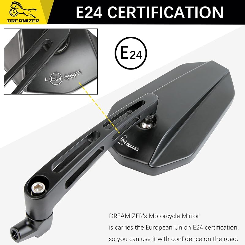 DREAMIZER E24 E-Jóváhagyott Motortükör 8-10 mm - Kompatibilis Kawasaki Z, Yamaha MT Sorozattal, Robogókkal és Quadokkal - Állítható, Tükröző