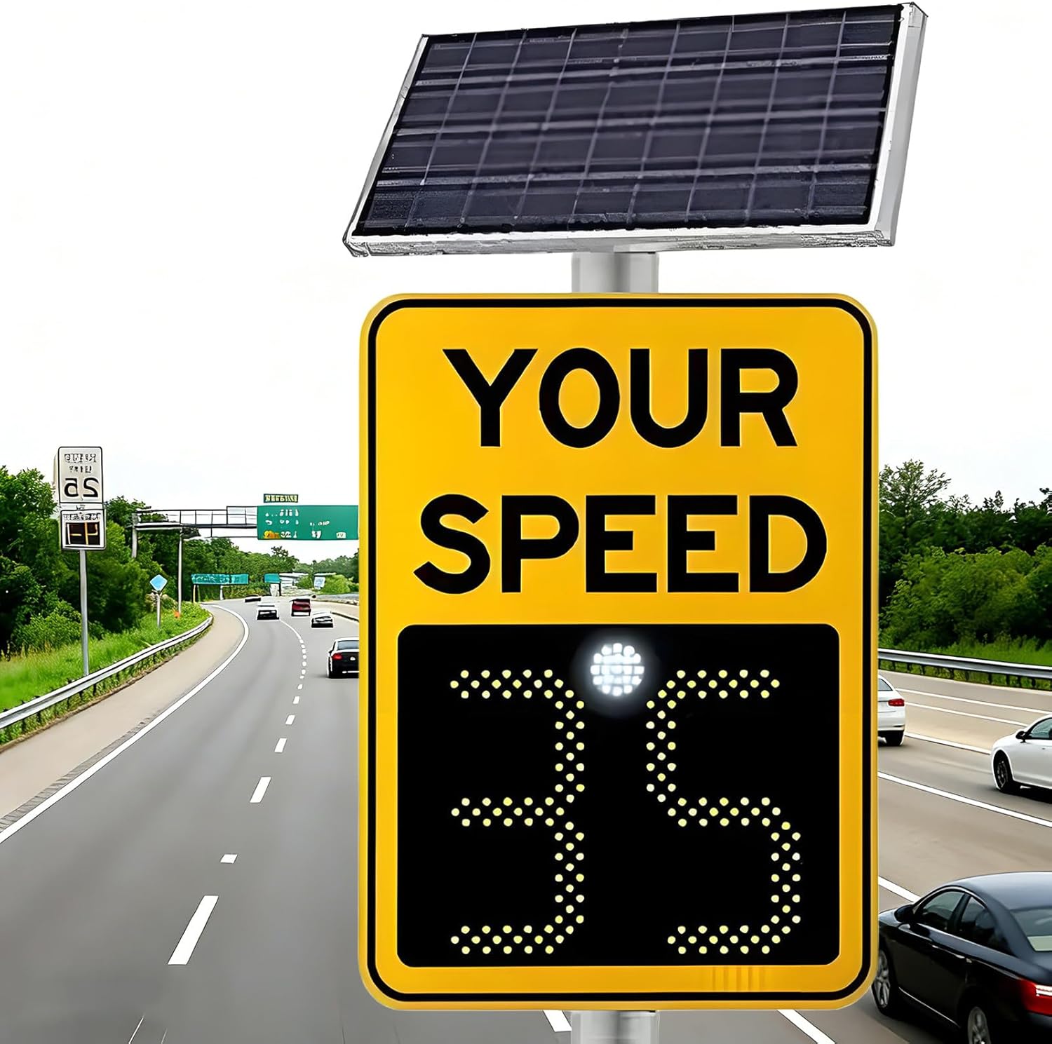 24"x35" Solar Radar Speed Sign,Rust Proof Aluminum Radar Speed Detector,LED Digits Speed Display,0-120 m Detection,for Road Safety Yellow