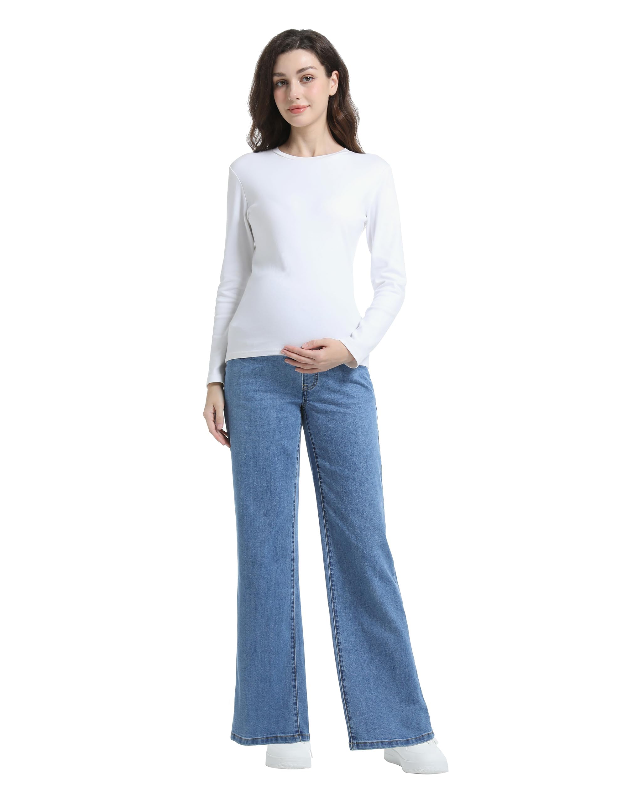 Damen Umstandsjeans Weites Bein Jeans | über dem Bauch, Bequeme Stretch, Gerade Beine, Denim Umstandshose, Schwangerschaftsjeans, mit Taschen