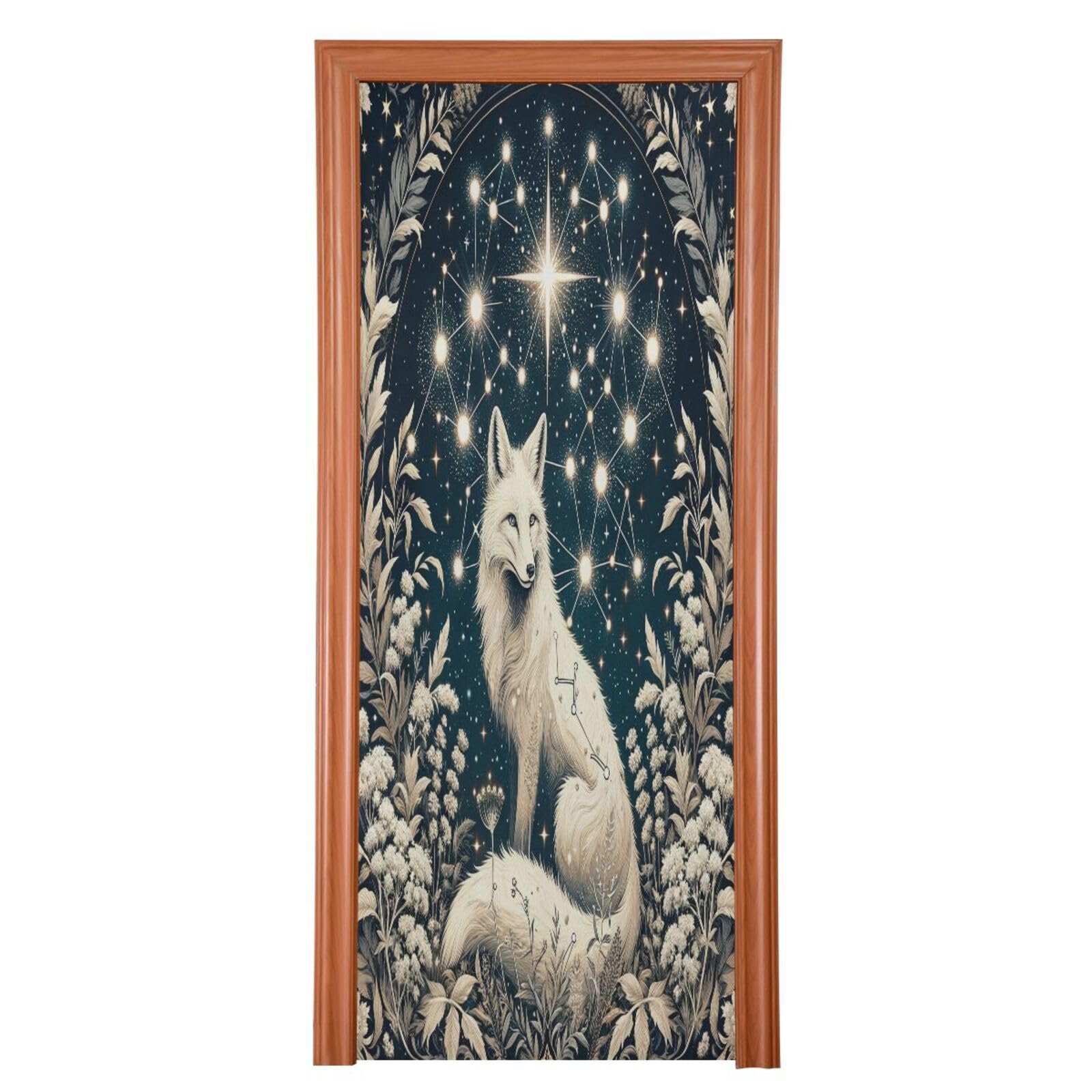 FLildon Golden Dreamy Galaxy Fox Door Cover Decoration, Party Accessory Porch Decor for Festive Ornament Room Door Covers 32 x 79 Inch