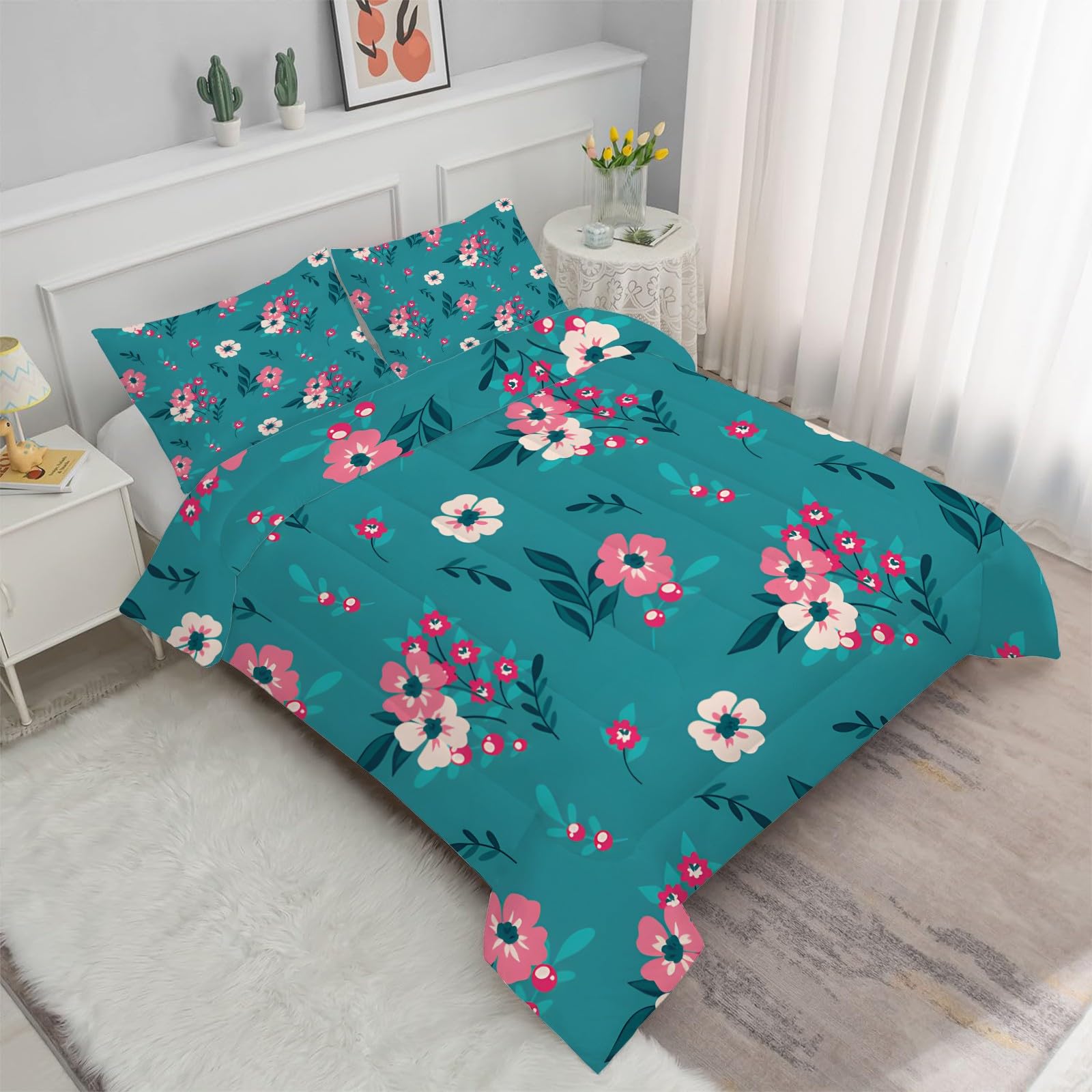 Kołdra 220 x 240 4 pory roku Kołdra 2 osoby 220 x 240, kołdra z nadrukiem 220 x 240 z motywem kwiatowym Kołdra bez poszwy można prać w pralce, 1 dwustronna kołdra i 2 poszewki na poduszki Niebieski