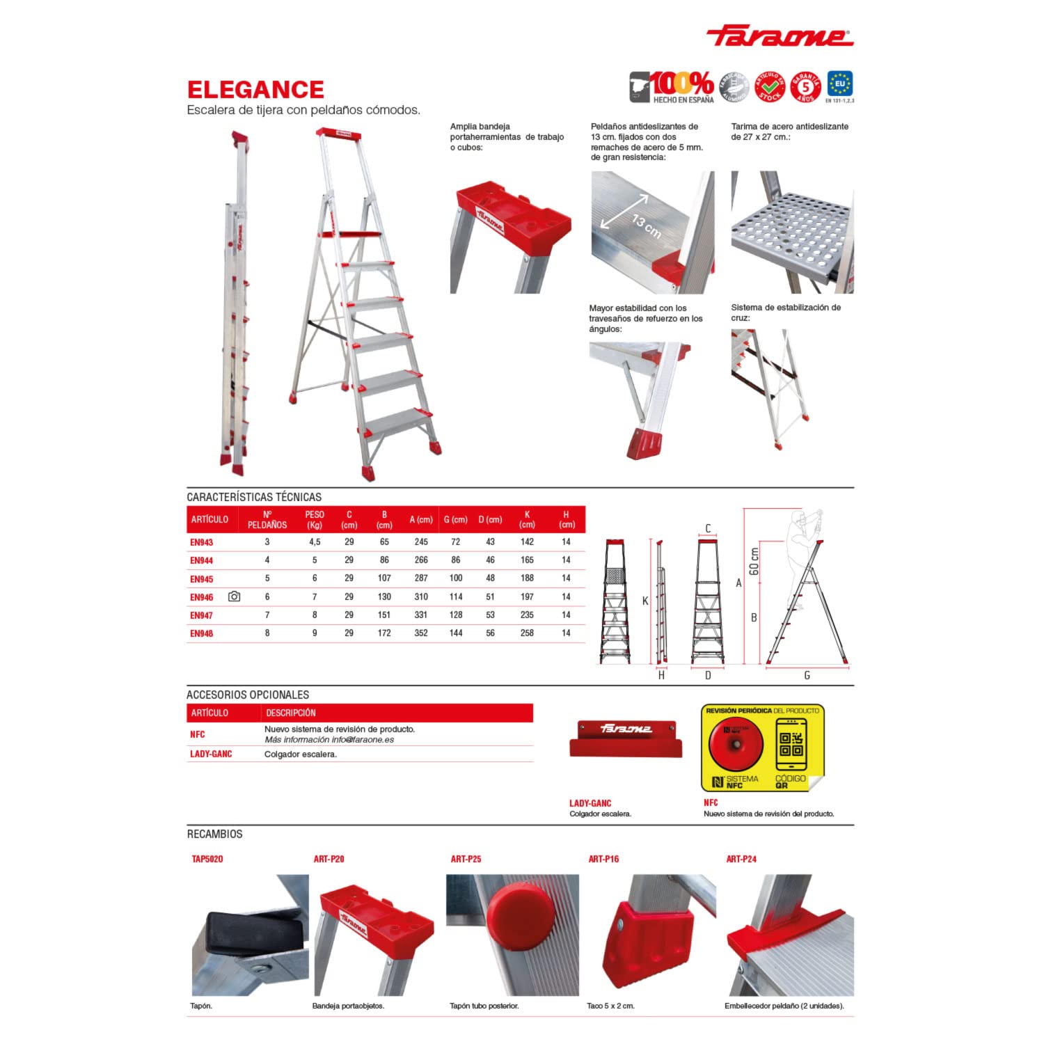 Faraone - Escalera de Aluminio EN944-4 peldaños - Escalera de Tijera Profesional - 165x46x15 cm - con Bandeja Portaobjetos y Barandilla - Peso soportado de hasta 150 kg