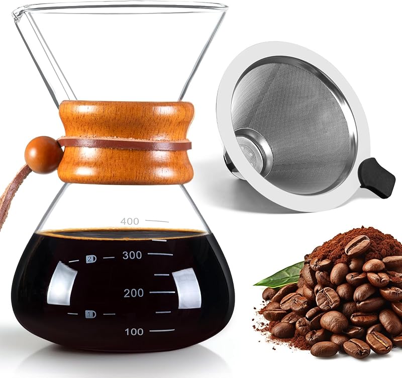 Pour Over Coffee Maker with Stainless Steel Filter Pour Over Coffee Dripper | Pour Over Coffee13.5 OZ, Drip Coffee Maker, High Heat Resistant Carafe, also for Camping, Hiking