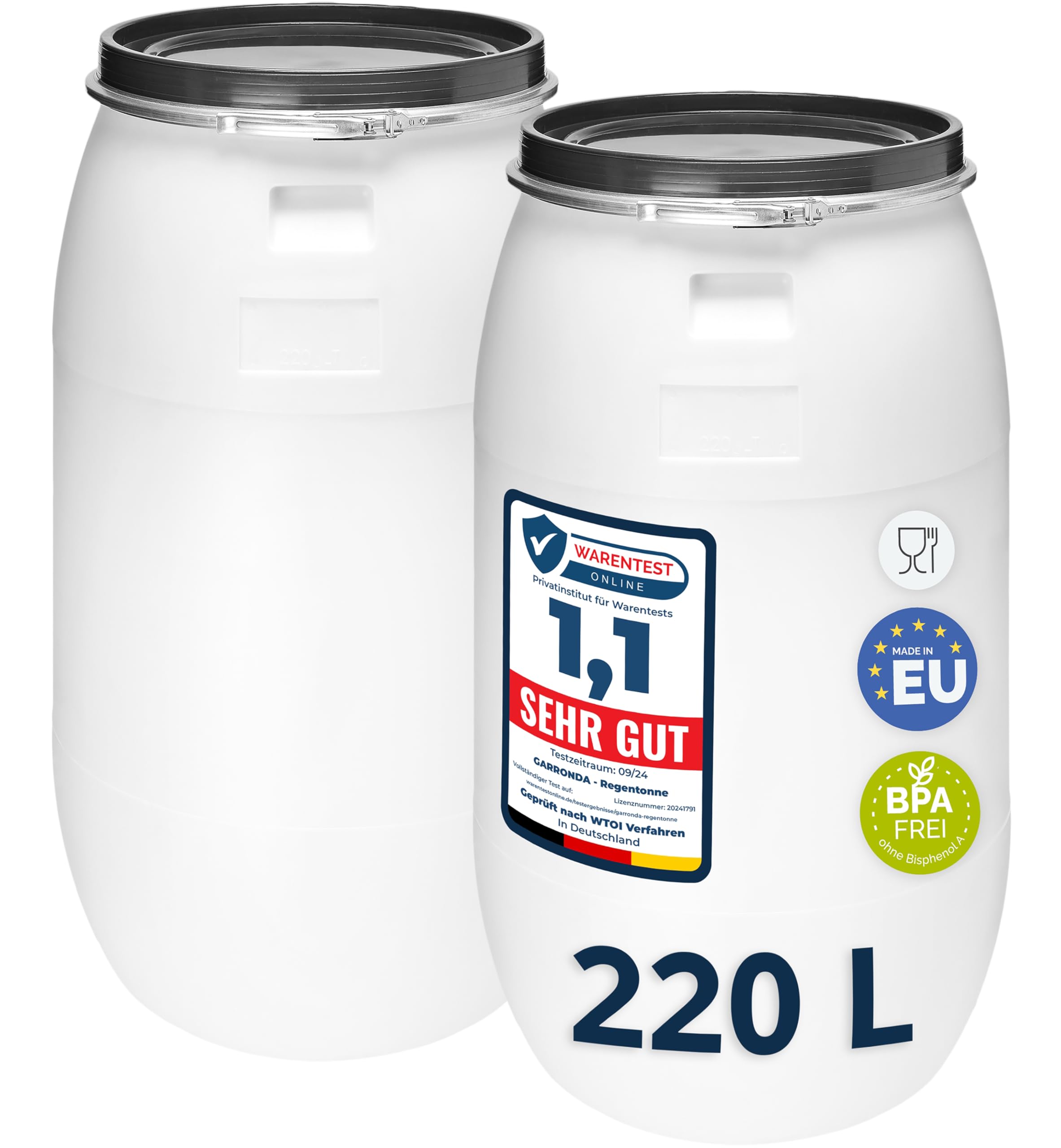 Garronda Set 2X 220 Liter Regentonne mit Deckel Weithalsfass aus HDPE Regenfass für Garten Fass 220l Regenwassertonne Futtertonne Wasserbehälter Universalfass Wasserfass Wassertank GD-0124 Weiß