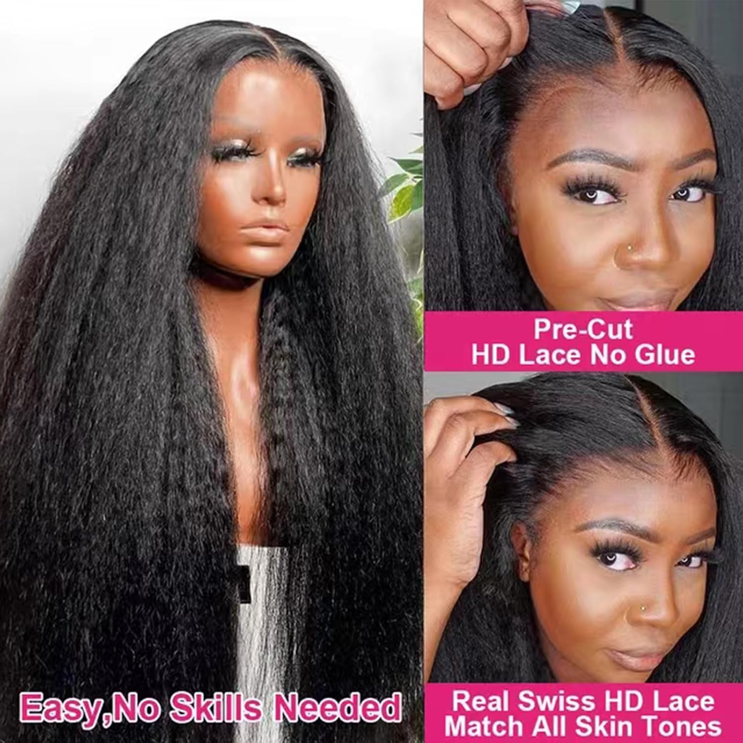 kinky straight Wear and Go Glueless Wig HD Lace Pre Cut 4x4 HD Lace Front Wigs Human Hair for Women Glueless Wig with Elastic Band Natural Hairline 200% Density yaki straight human hair wig