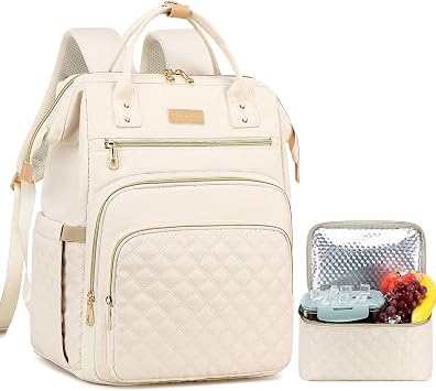 AIJIEKE Lunch Backpack for Women, 15.6 Laptop Backpack, Lunch Box, Beige