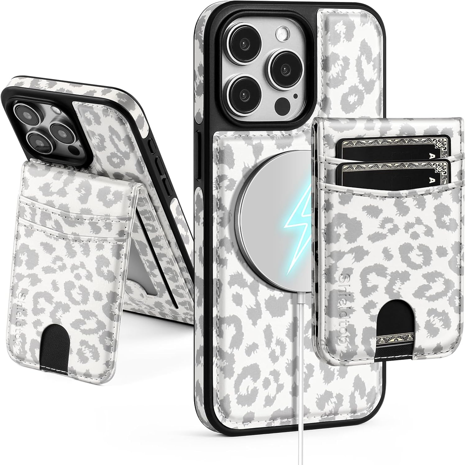 for Compatible Magsafe Magnetic 2 in 1 Detachable iPhone 13 Pro Max Wallet Case with Card Holder,for Women Men,PU Leather RFID Blocking Credit Slots Kickstand,Leopard-White