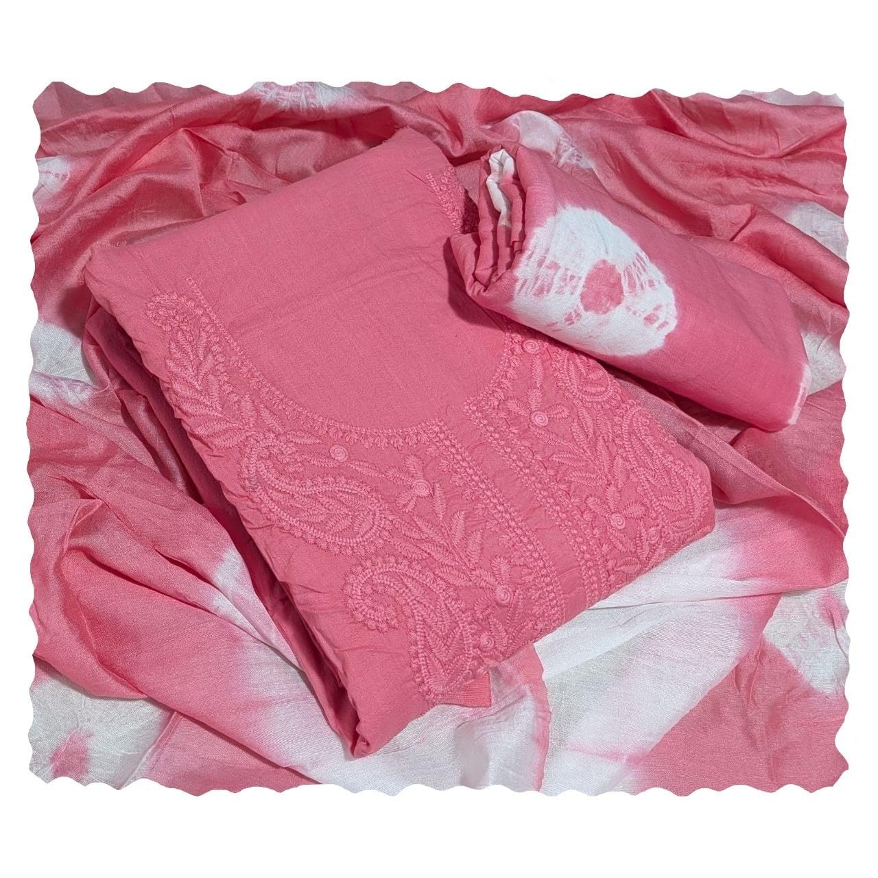 lata fashion house LFH Women's Cotton Lucknowi Embroidered Unstitched Salwar Suit Dress Material with Bandhani Printed Bottom & Dupatta (Free Size)-picture-15