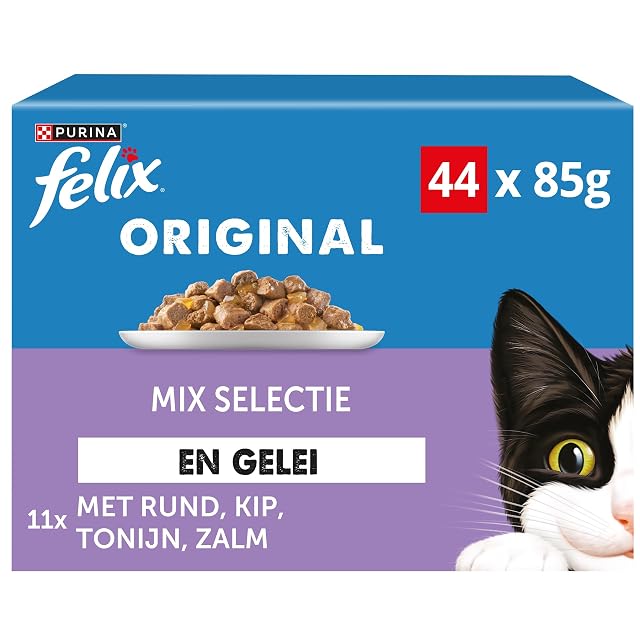 Felix Selección de Mezcla en Jalea de Comida para Gatos, Bolsas de Comida húmeda con Carne de Res, Pollo