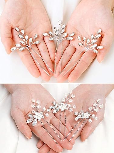 Heread Juego de horquillas de boda de cristal plateado para novias, piezas de pelo de perlas para mujeres y damas de honor