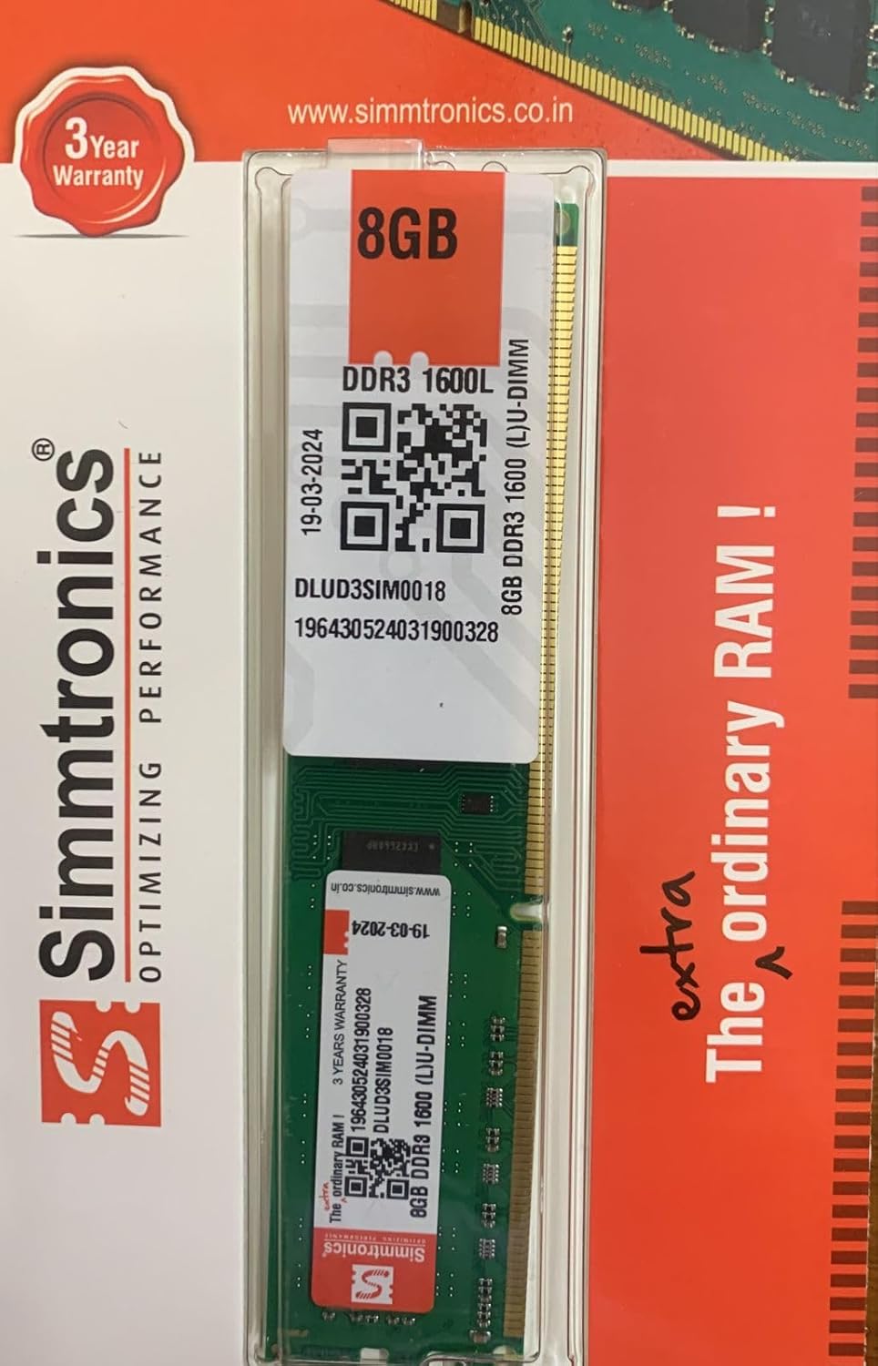 Simmtronics 8GB DDR3 Ram for Desktop 1600 Mhz with 3 Years Warranty