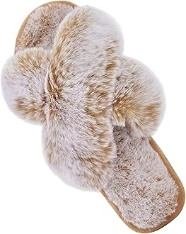 Parlovable Women's Fuzzy Slippers Comfy Cross Band House Shoes Memory Foam Open Toe Indoor Gifts for Ladies