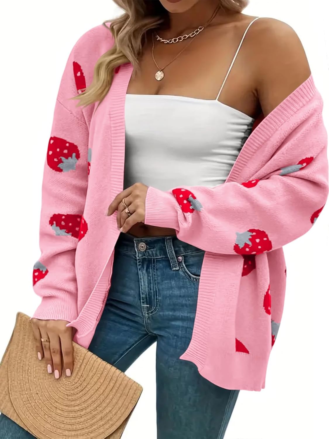 Women's Plus Size Strawberry Floral Print Long Sleeve Open Front Knit Cardigan Sweater - Image 4
