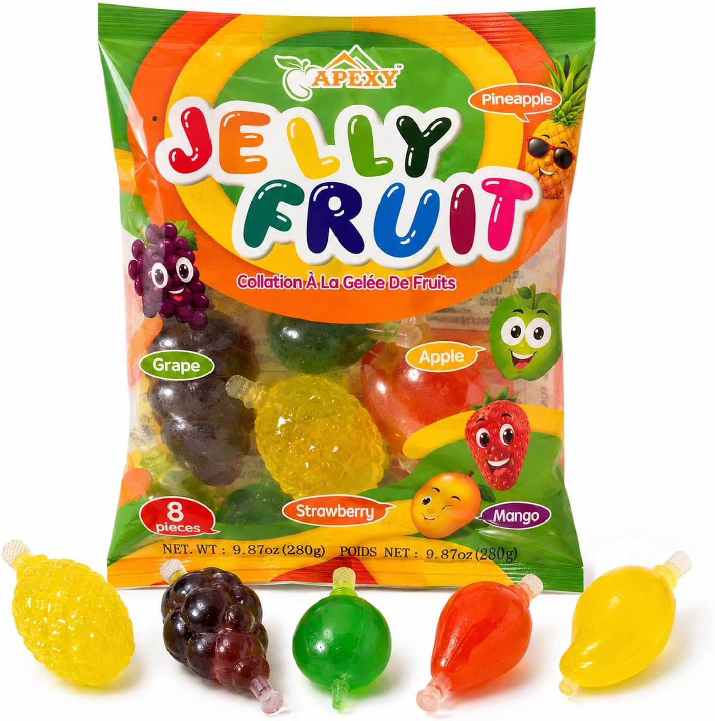Apexy Jelly Fruit, Tiktok Candy Trend Items, Tik Tok Hit or Miss Challenge, Assorted Fruit Shaped Jelly, Strawberry, Mango, Apple, Pineapple, Grape. 9.87oz.