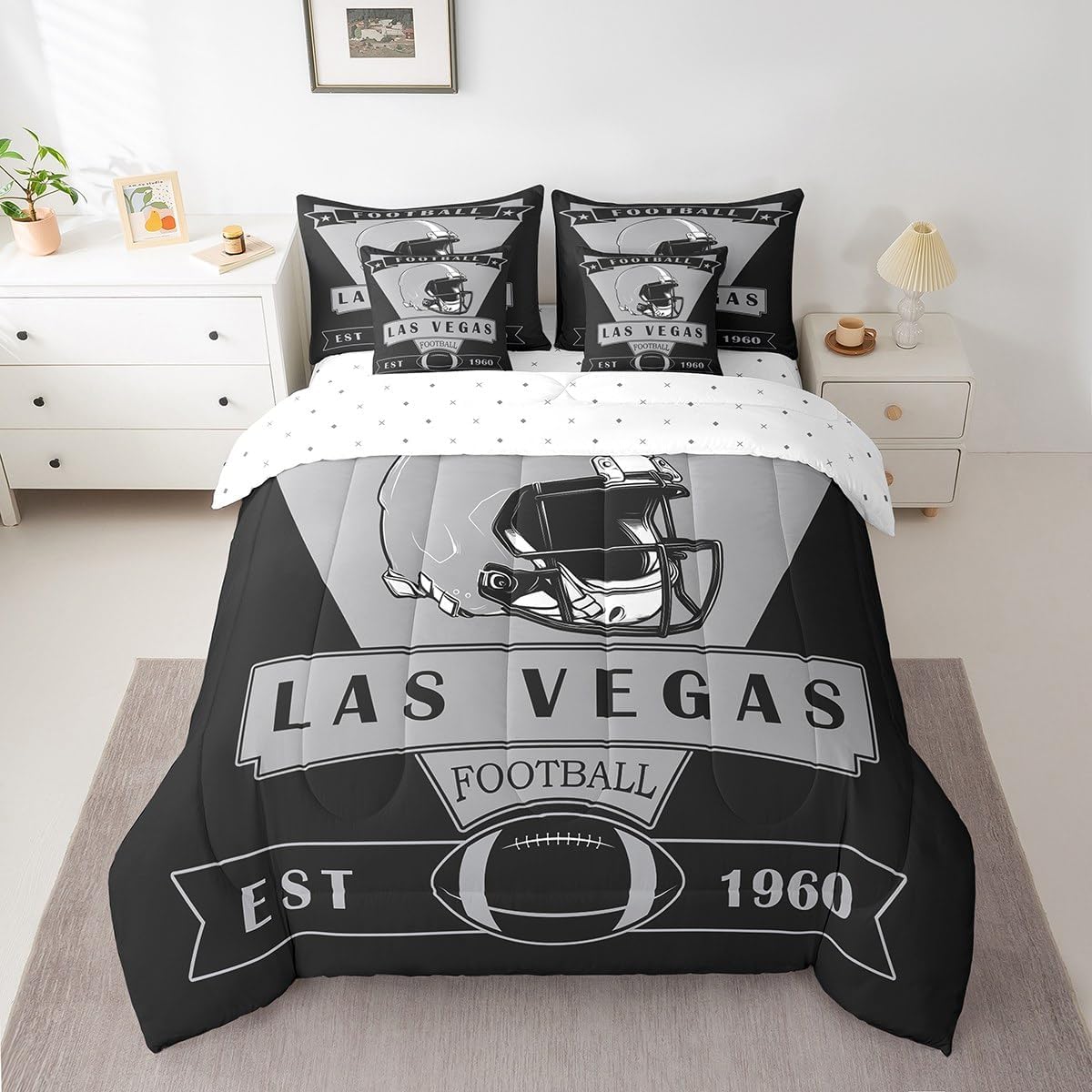 Loussiesd Las Vegas Letto Trapuntato,calcio Piumino Letto Con Lenzuola 7 Pezzi 230x220cm(7-piece Set),american Football City Regali Per I Tifosi Del Calcio
