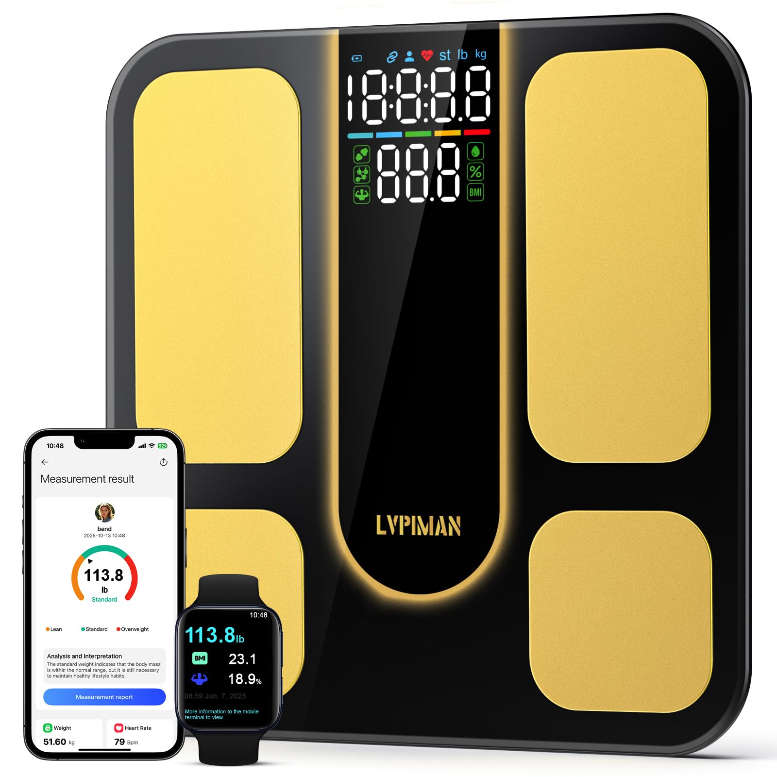 LVPIMAN Professional Smart Scale for Body Weight, BMI, Body Fat, Muscle Mass, Highly Accurate 25 Body Composition Weighing Machine, Bathroom Digital Scale Large Display Sync with Fitness App, 402lb