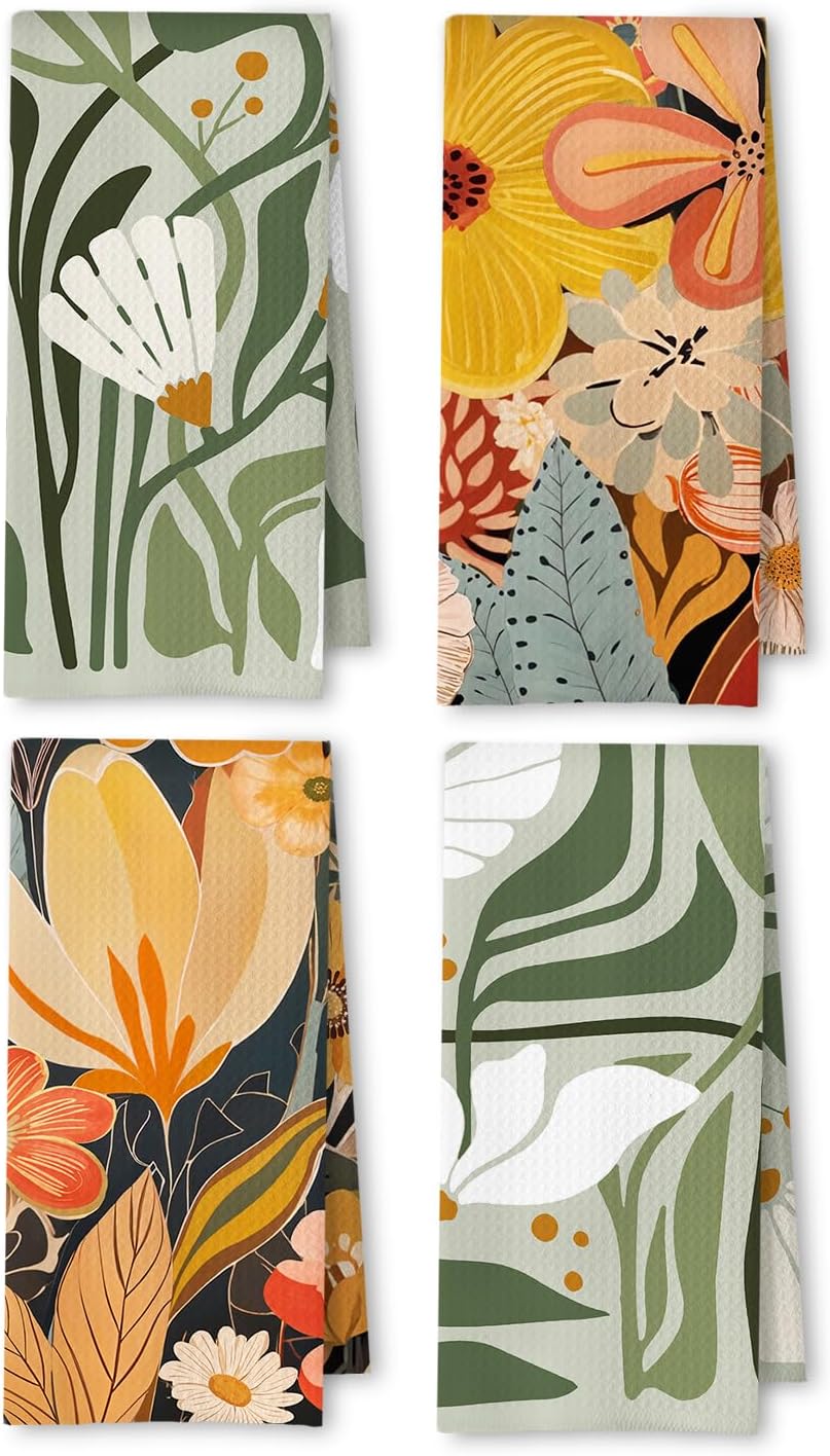 Abstract Boho Floral Kitchen Towels, Colorful Modern Abstract Flower Dish Tea Towel for Kitchen Decor, Boho Floral Botanical Hand Towels for Bathroom Decor, 16x24 Inches Set of 4