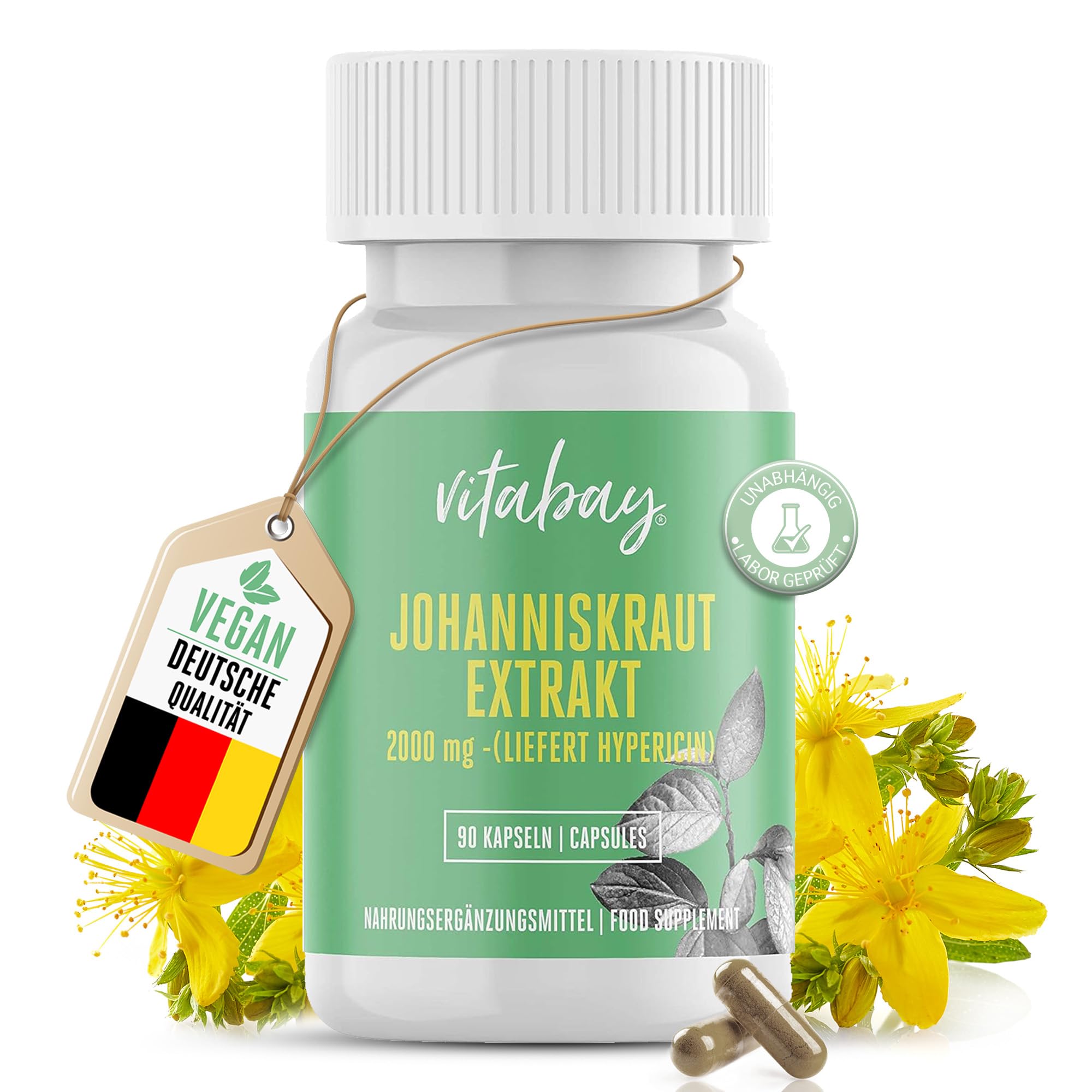 Vitabay Johanniskraut Extrakt 2000 mg • 90 vegane Kapseln • St. John's Wort • Hochdosiert • Liefert Hypericin • Schonende Verarbeitung • Made in Germany