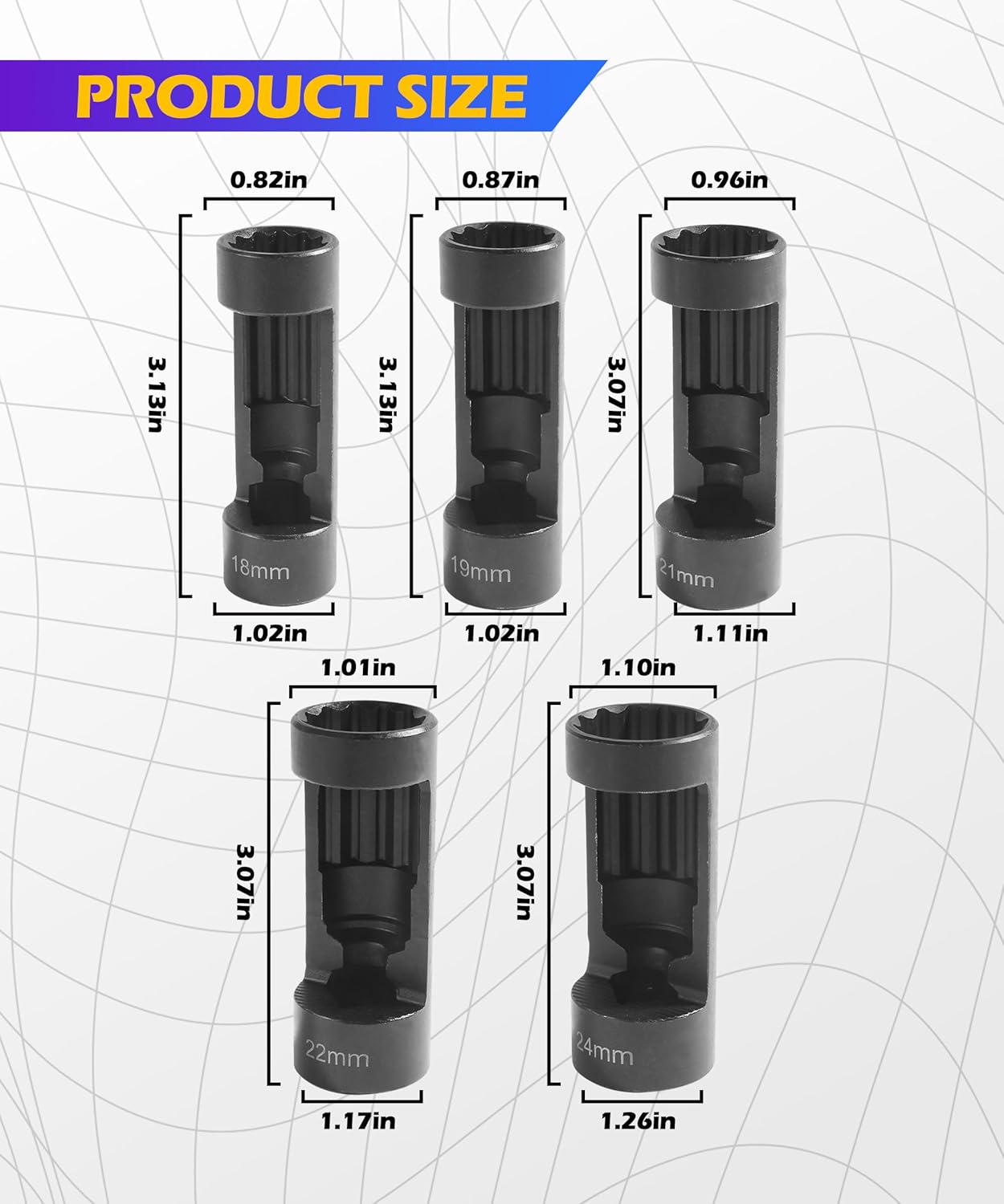SCUARI 5PCS Strut Nut Socket,18MM 19MM 21MM 22MM 24MM Strut Nut Socket,Car Accessories Strut Sockets,Suspension Strut Sockets Tool with 12 Point 1/2" Drive,Used to Dismounting and Mounting Strut Nuts