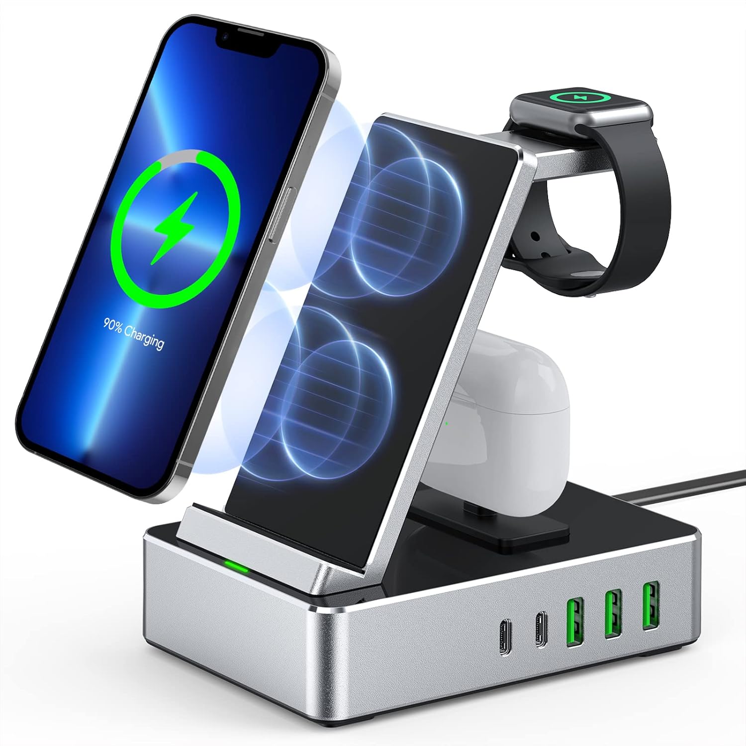 Charging Station for Multiple Devices,100W 8 in 1 Wireless Charging Station with 20W USB C 2 Port, Aluminum Alloy Cell Phone Charging Station Compatible with iPhone Series, iWatch, AirPods Pro : Cell Phones & Accessories
