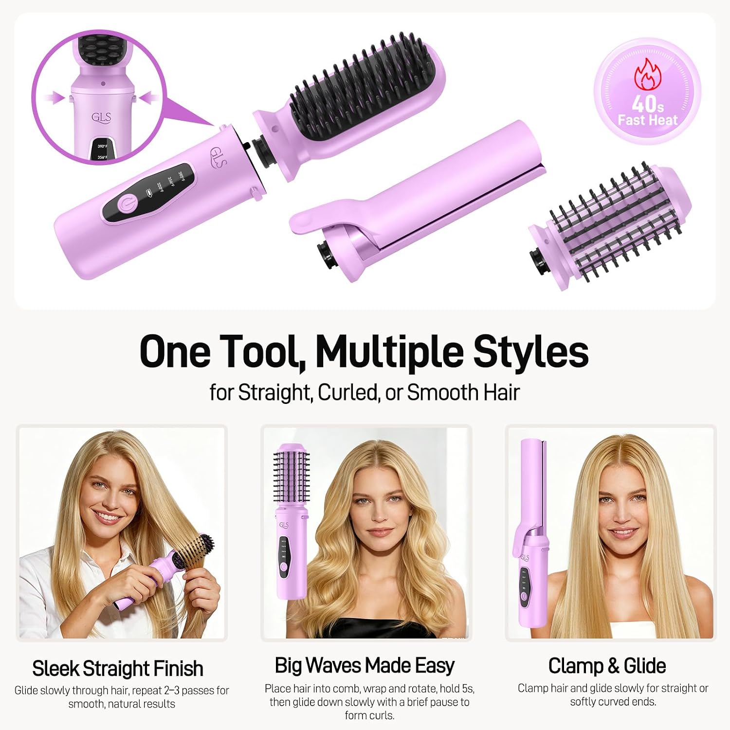 GLS Cordless Hair Straightener Brush, 3-in-1 Portable Hair Straightener & Curling Brush, USB Rechargeable Hair Styler for On-the-Go Styling, Fast Heat, Perfect for Travel, Purple