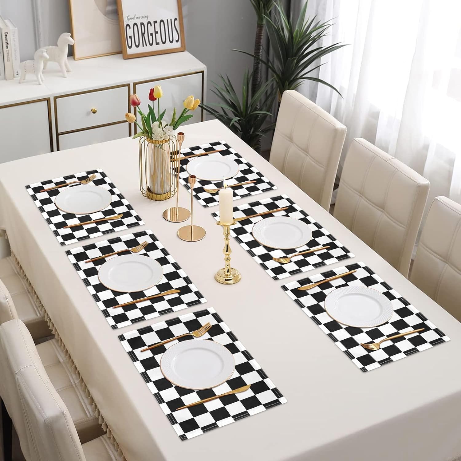 Black White Plaid Placemats Set of 6,Buffalo Check Dining Table Mats,Non-Slip Washable Place Mats Farmhouse Kitchen Table Placemats for Indoor Outdoor Party Wedding Decoration,12x18 inch