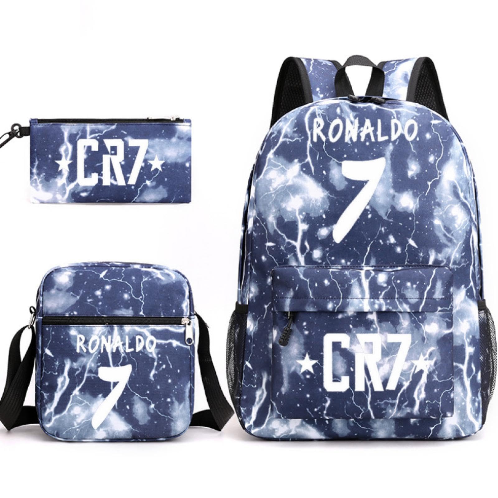 LENVOD3 Pieces Cristiano Ronaldo No. 7 Backpack+Crossbody bag+Penholder School Supplies Necessities Stationery for Kids Children Students 闪电蓝-A