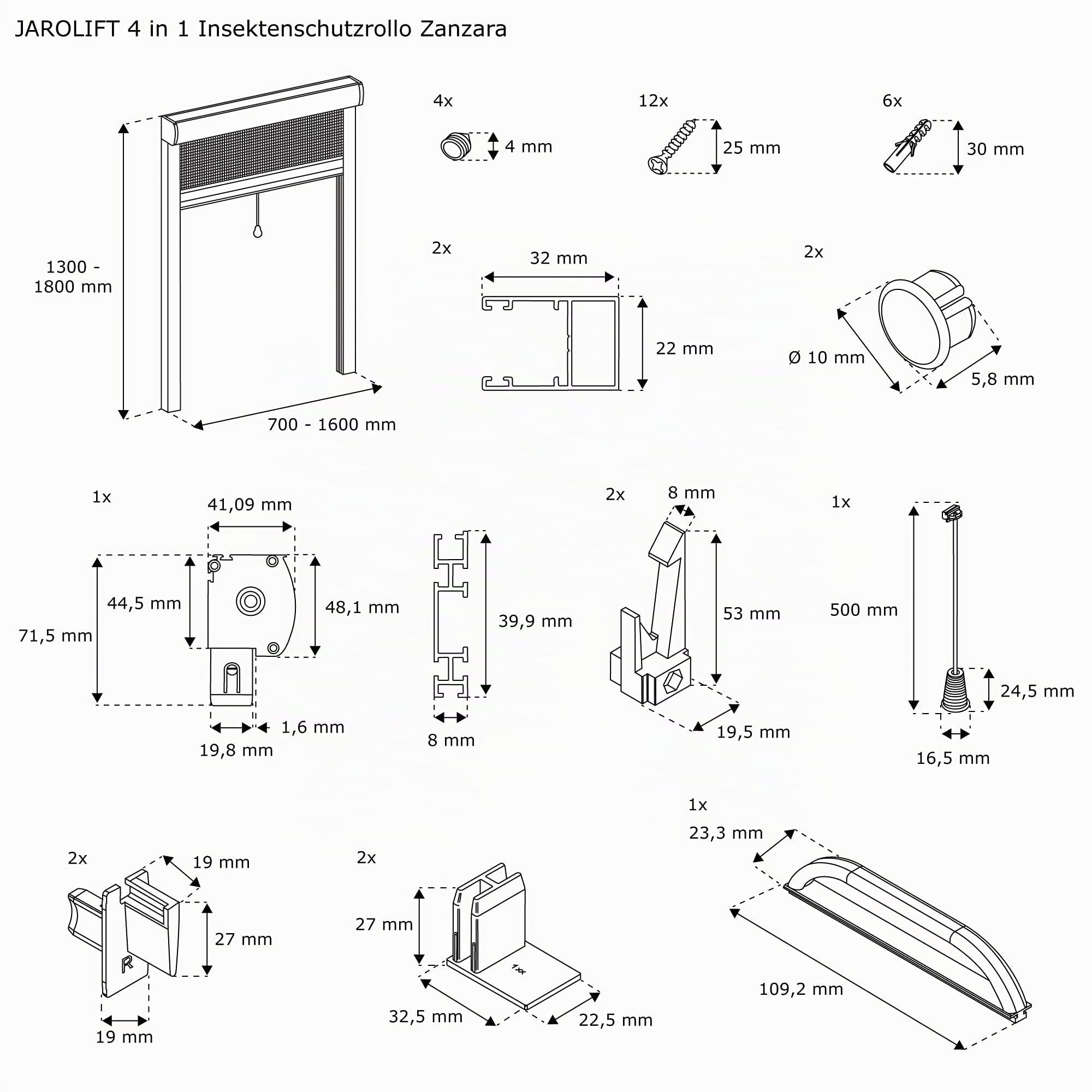 jarolift 4 in 1 Zanzara Insektenschutzrollo Fliegengitter für Fenster, Bausatz mit Aluminium-Rahmen, Robustes Fiberglas-Gewebe, 70 x 130 cm (B x H), Braun