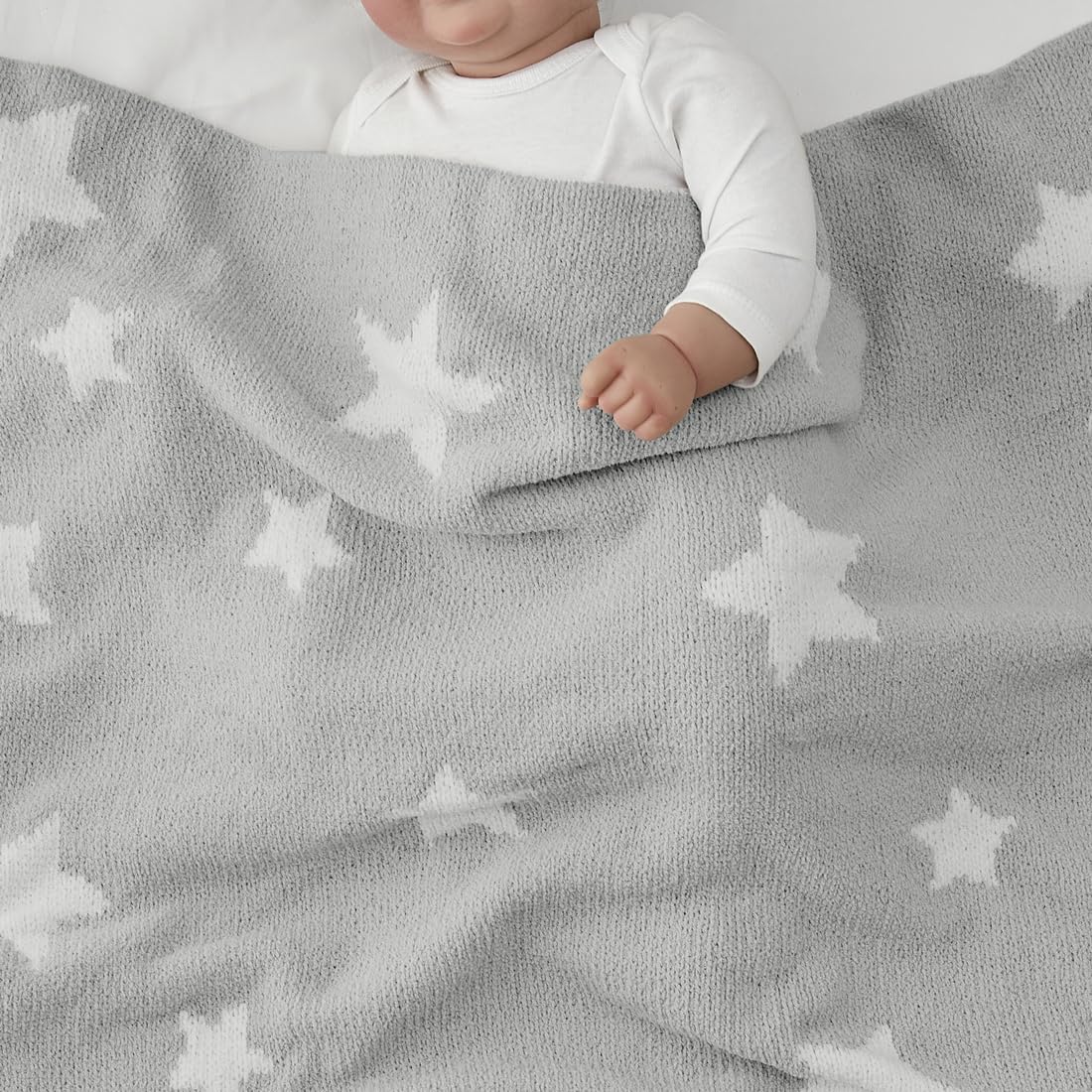 CREVENT 75X100cm Cozy Soft Warm Chenille Baby Blanket for Girls Boys, Newborn Essentials for Infant, Baby Shower Receiving Gift - Grey Star - Image 2