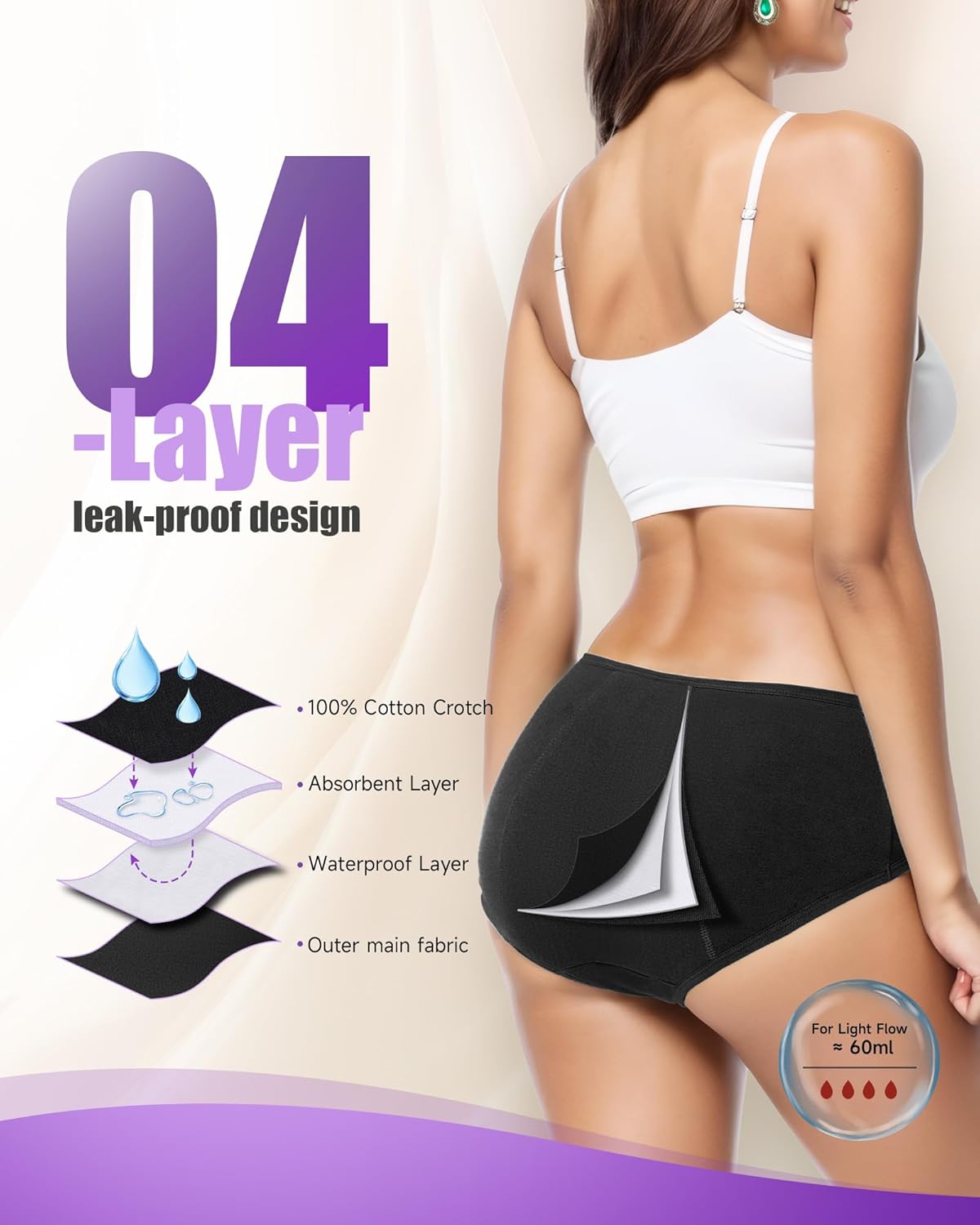 TANSTC Period Underwear for Women Heavy Flow Leakproof Menstrual Panties Postpartum Hipster Briefs 3 Pack - Image 3