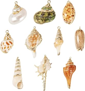 Beadthoven 10Pcs Big Natural Shell Charms Golden Spiral Seashells Conch Shells Pendants Bohemian Summer Ocean Beach Charms Dangle Beads with Loop for DIY Necklace Earrings Jewelry Making