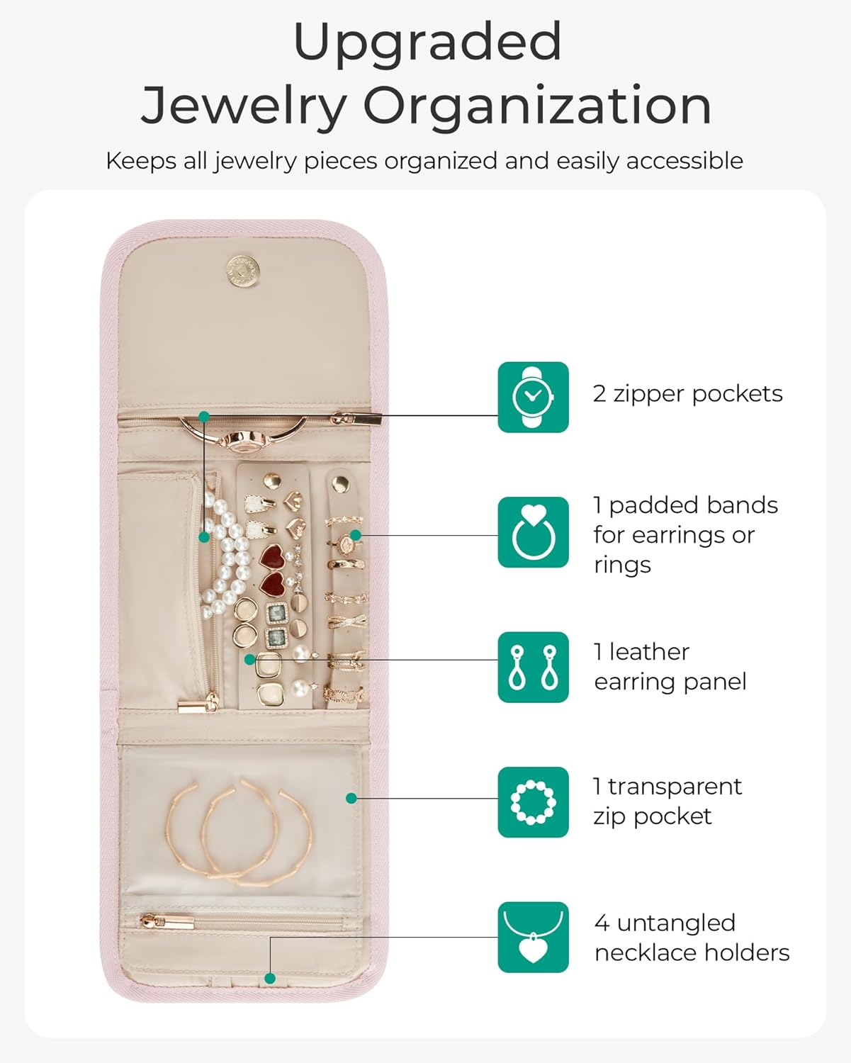 BAGSMART Travel Jewelry Organizer Case, Foldable Jewelry Roll for Necklaces, Earrings, Journey-Rings, Bracelets, Brooches, Portable, Black - Image 3