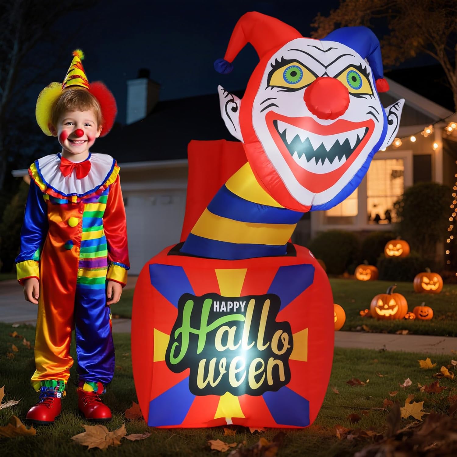Tangkula 5 Ft Halloween Inflatable Clown, Blow up Circus Clown Box Decoration with LED Lights, Ground Stakes, Lighted Holiday Yard Decoration for Indoor, Outdoor Porch, Lawn, Garden