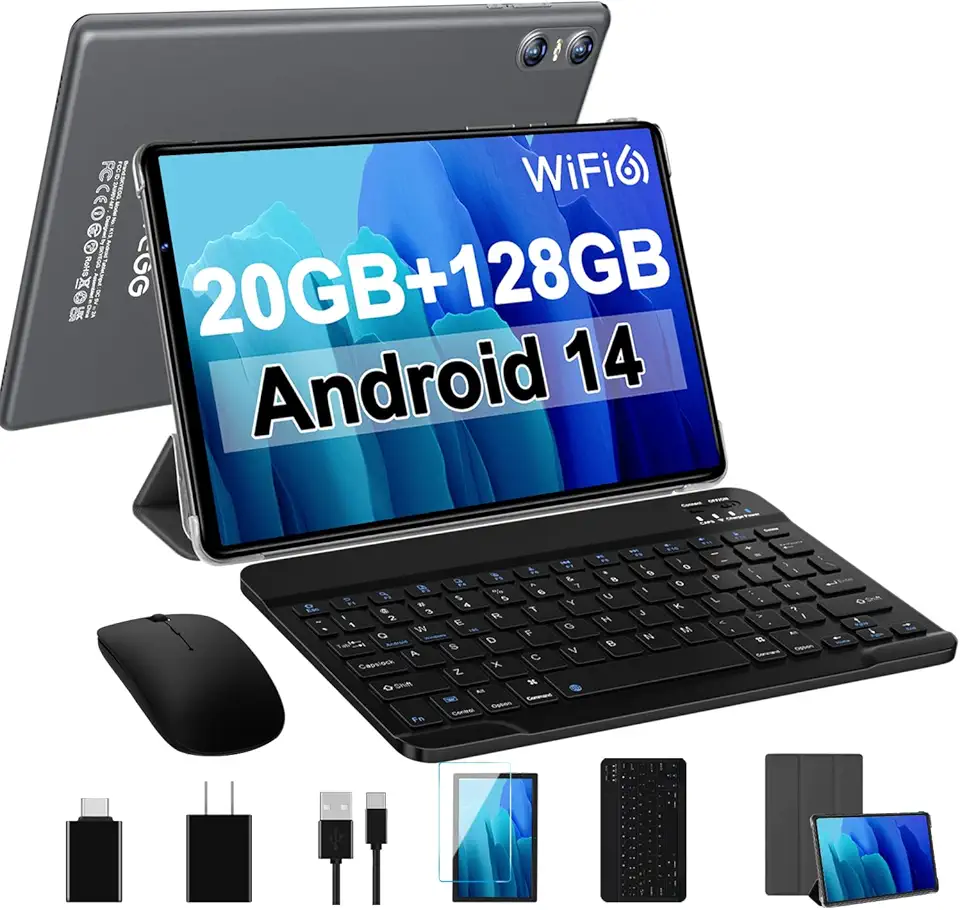 SKYEGG Android 14 Tablet Newest 10.1 inch Tablets,20GB RAM 128GB ROM 1TB Expand,Octa-Core Processor,Dual Camera,WiFi 6,Bluetooth 5.0,6000mAh with Keyboard/Mouse-Gray