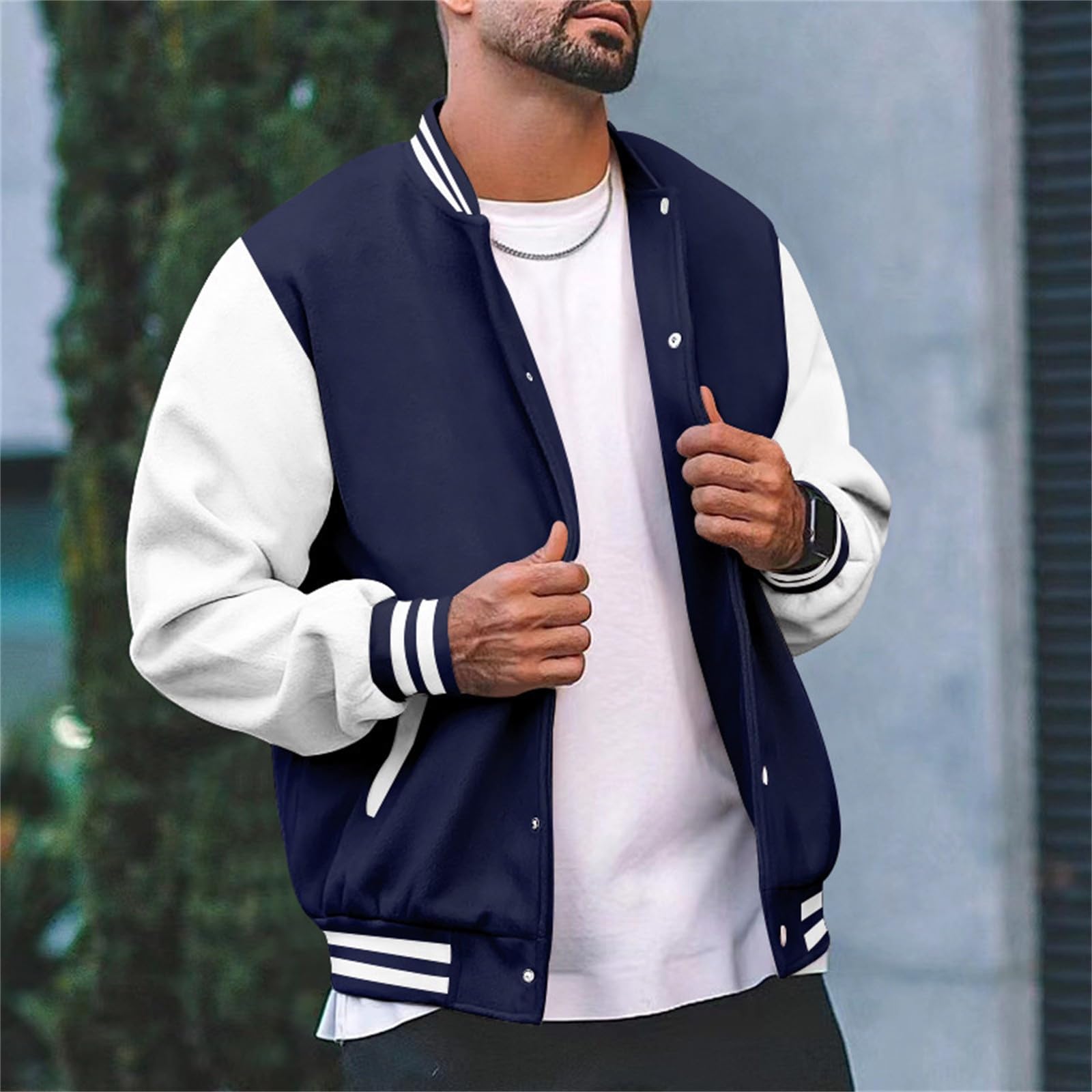 Vestes à capuche décontractées pour homme, coupe ajustée, coton, letterman, baseball, bomber, veste universitaire classique, manteau bleu pour homme