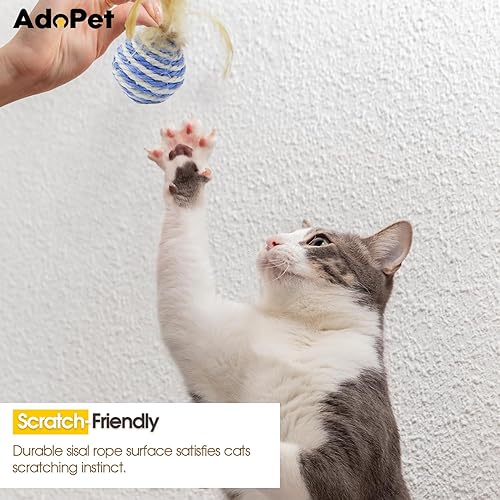 Miniatura 3 de 3 bolas de juguete para gatos con plumas, pelotas interactivas envueltas en cuerda para gatos de interior, juguetes duraderos para rascar (amarillo,