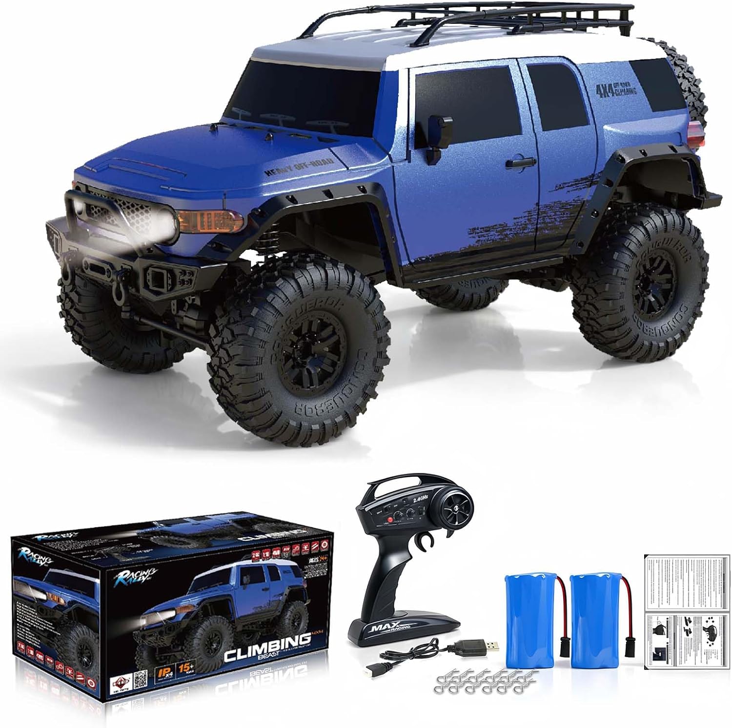 RC Cars RC Crawler 1/10 Scale RTR Remote Control Car 4WD 2.4GHz Brushed Offroad Racing Hobby Grade Model Vehicle with LED Lights 2Pcs Battery Toy for Kids and Adults