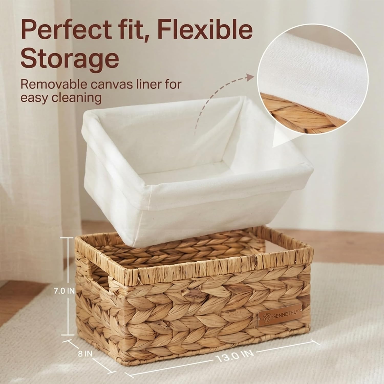 Water Hyacinth Wicker Baskets for Storage, Handwoven Rattan Shelf Basket for Organizing Pantry Closet Bedroom, 100% Natural Decorative Woven Organizer with Handles and Waterproof Canvas, 2 Pack